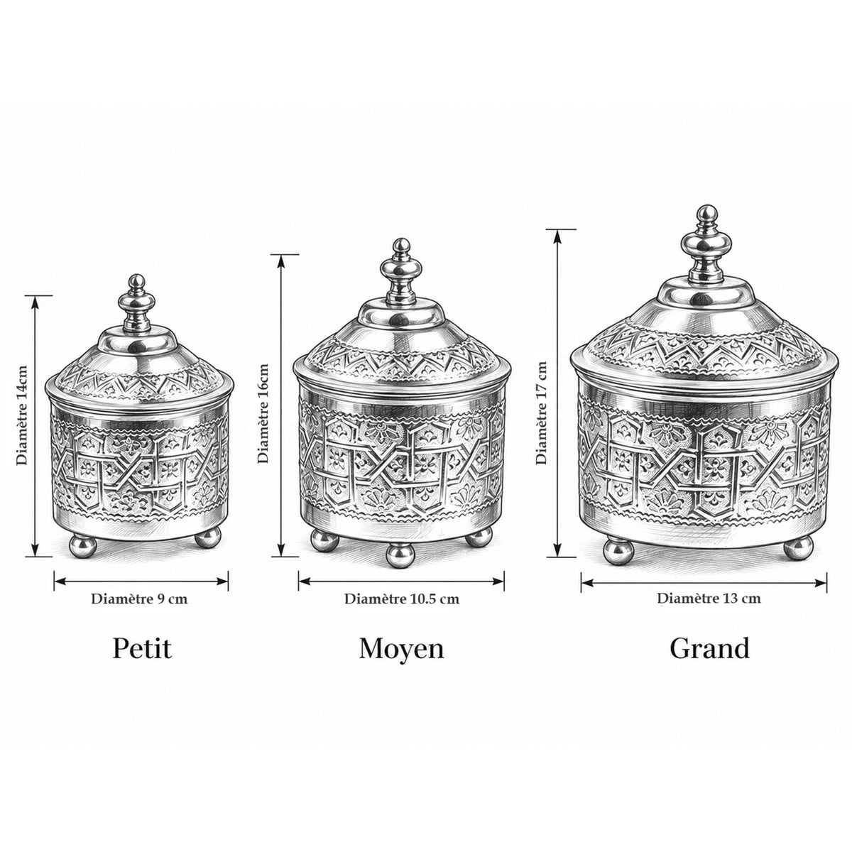 Set de 3 Bonbonnières en cuivre Argenté Ciselé