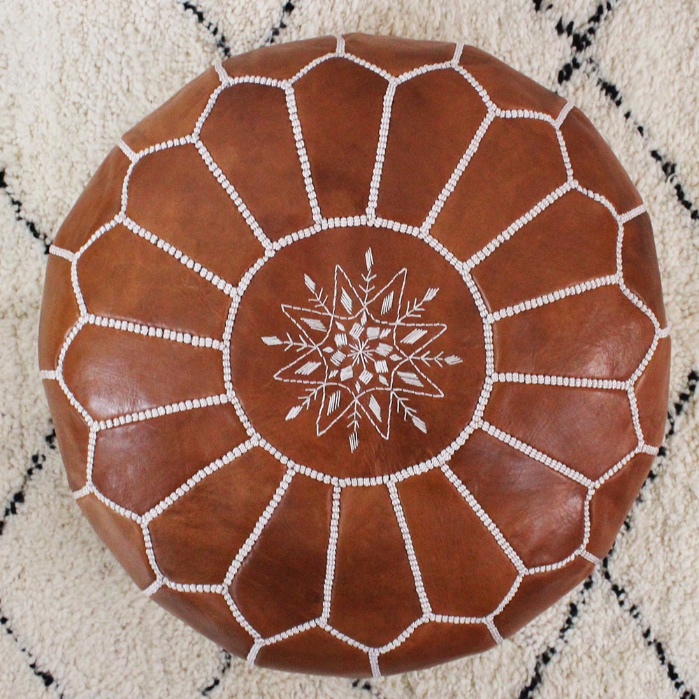 Pouf Marrakech cuir brodé marron