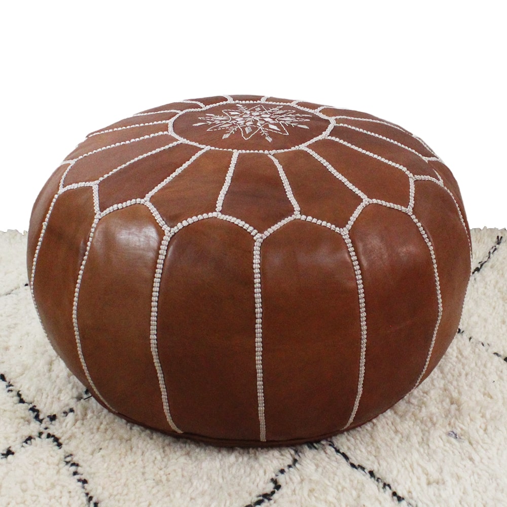 Pouf Marrakech cuir brodé marron