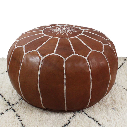 Pouf Marrakech cuir brodé marron