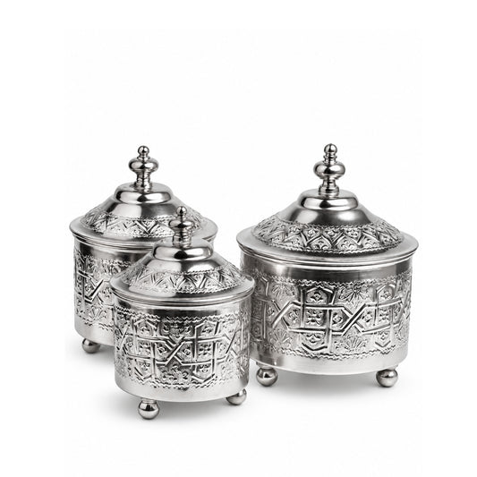 Set de 3 Bonbonnières en cuivre Argenté Ciselé
