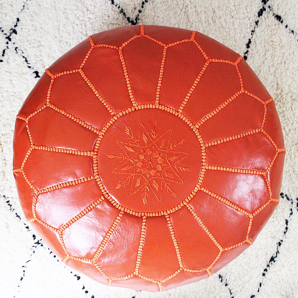 Pouf Marrakech cuir Orange brodé