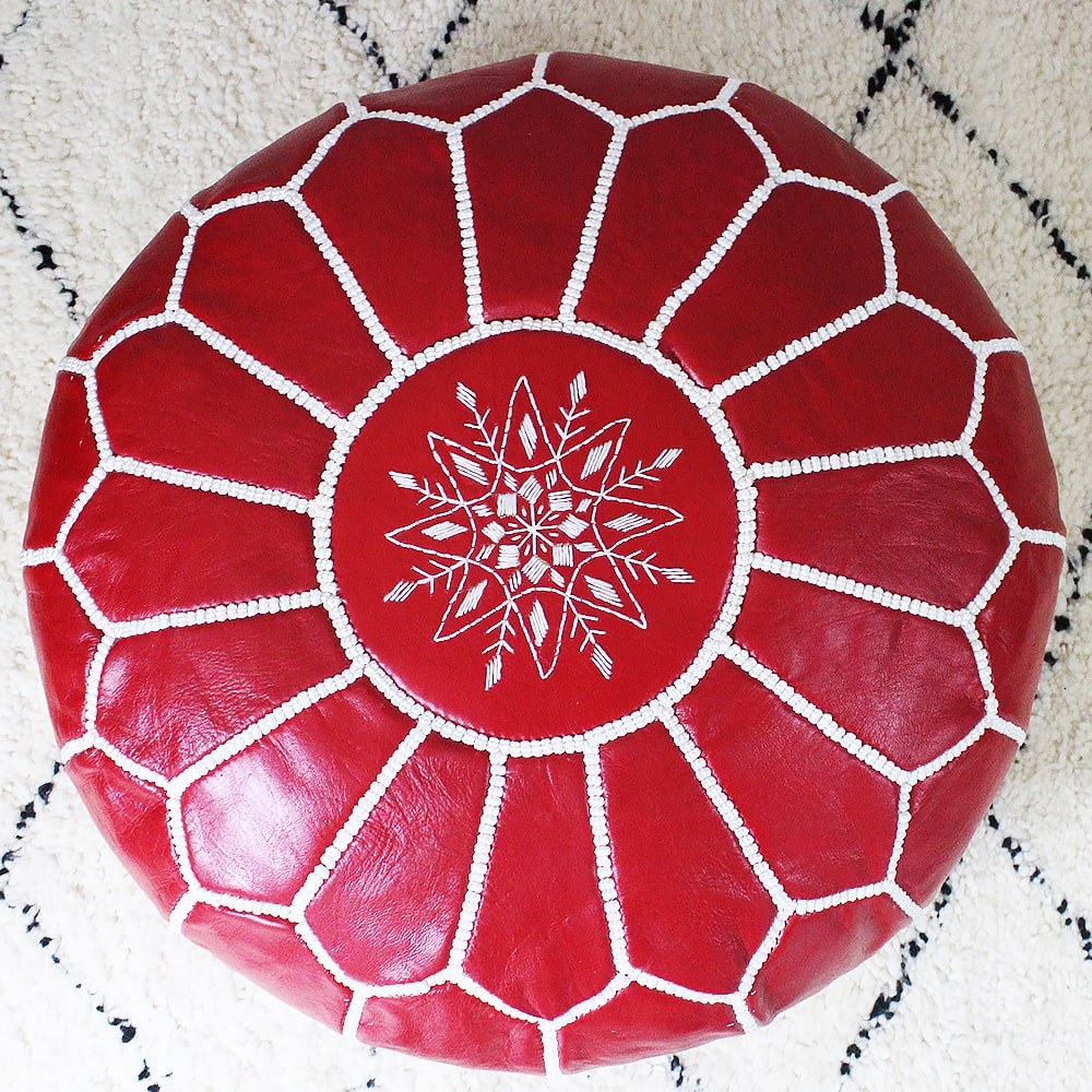 Pouf Marrakech cuir brodé rouge