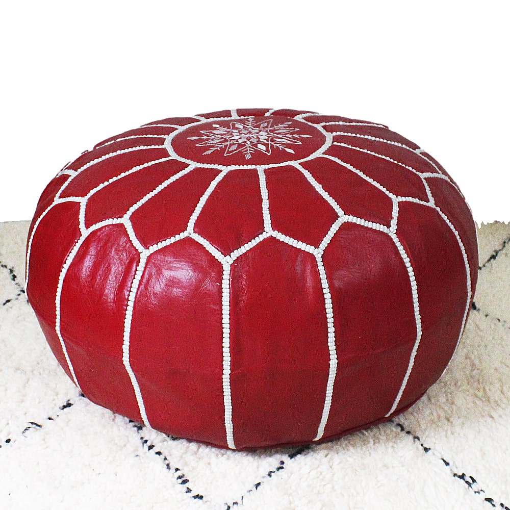 Pouf Marrakech cuir brodé rouge