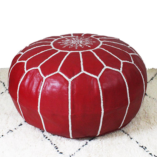 Pouf Marrakech cuir brodé rouge