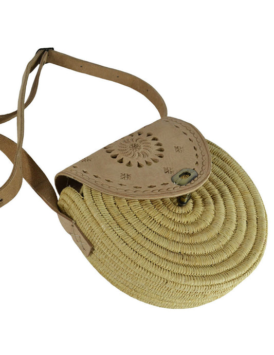 Sac bandoulière rond en cuir et osier